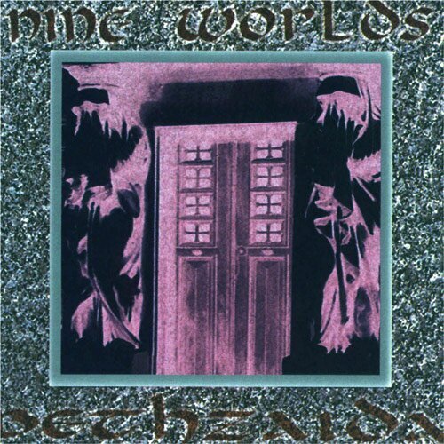 Mid 90's computer made album cover for Nine Worlds by Bethzaida: a door with guardian statues on each side with inverted and funky colours framed by digital noise.